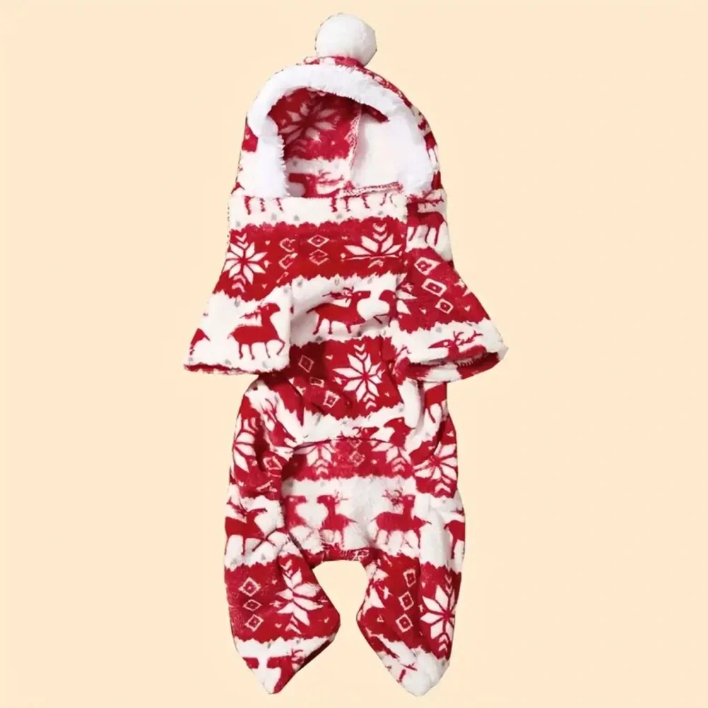 1pc Pet Christmas Reindeer Graphic Pajamas Hooded Jumpsuit For Puppy